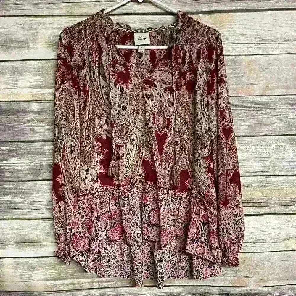 Knox Rose Small Sheer Red Paisley Boho Blouse Shirt Peasant Smocked Tassled